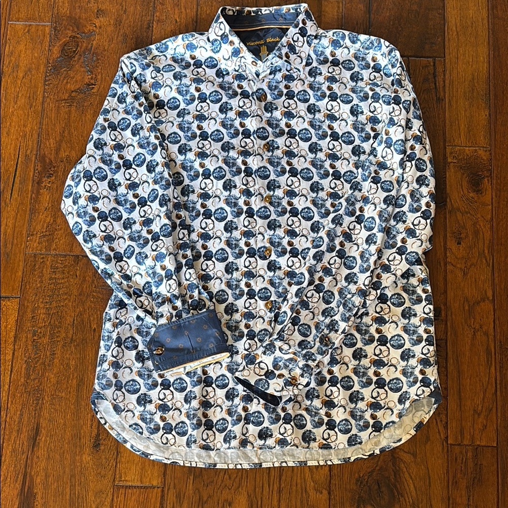 Blue and White Patterned Button-Up Shirt